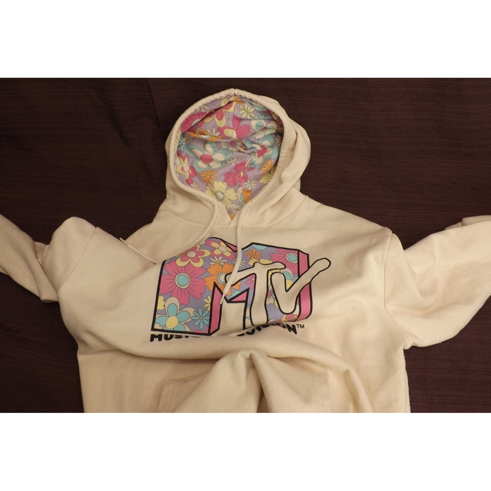 MTV Women's Pullover Cream Hoodie floral Hood - Size Medium Long sleeves - Picture 8 of 13